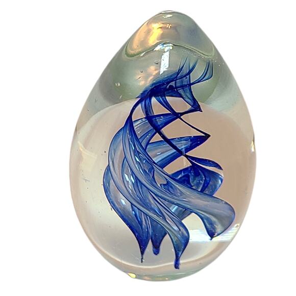Unique Cobalt Blue Swirled Glass Egg Paperweight - Vintage Helix Design 3.5” - Picture 1 of 3